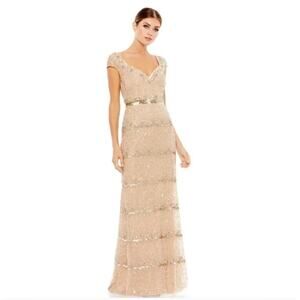 MAC DUGGAL 9089 Nude Gold Beaded Sheath Cap Sleeve Formal Gown Size 16 NWT